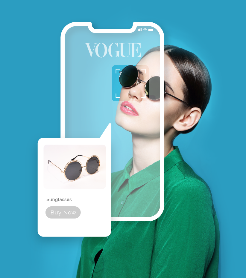 Image of a fashionable woman wearing sunglasses overlaid with a mobile phone screen displaying an ad for the sunglasses
